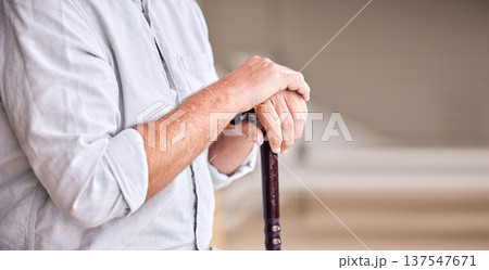 Hands, walking stick and elderly person in home for support, healthcare and help in retirement. Closeup, banner and senior with disability for aid of parkinson, arthritis and rehabilitation of stroke Hands, walking stick and elderly person in home for support, healthcare and help in retirement. Closeup, banner and senior with disability for aid of parkinson, arthritis and rehabilitation of stroke 137547671
