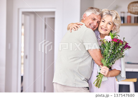 Love, portrait and senior couple hug with flowers for birthday, surprise or anniversary in their home. Face, romance and elderly man hug woman with bouquet for retirement, celebration or gift gesture Love, portrait and senior couple hug with flowers for birthday, surprise or anniversary in their home. Face, romance and elderly man hug woman with bouquet for retirement, celebration or gift gesture 137547680