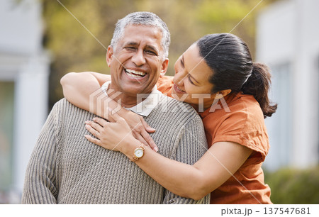 Love, happy and hug with portrait of old couple for support, romance or bonding. Retirement, smile and marriage with senior man and woman in backyard of home for relationship, care and relax together 137547681