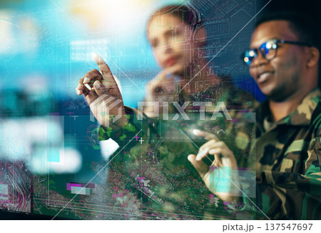 Futuristic screen, hand and people in the army for planning with overlay and global surveillance. Talking, night and a black man with a woman for digital information and a virtual military system 137547697