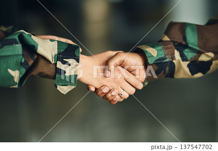 Meeting, army or shaking hands for partnership, teamwork or deal in war, agreement or unity together. Closeup, soldiers or handshake for team fight, thank you or gratitude in solidarity or military Meeting, army or shaking hands for partnership, teamwork or deal in war, agreement or unity together. Closeup, soldiers or handshake for team fight, thank you or gratitude in solidarity or military 137547702