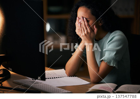 Office woman, sad and tired on computer for night research, marketing mistake, copywriting and deadline fatigue. Person or writer with depression, job stress and anxiety or crying for planning fail Office woman, sad and tired on computer for night research, marketing mistake, copywriting and deadline fatigue. Person or writer with depression, job stress and anxiety or crying for planning fail 137547788