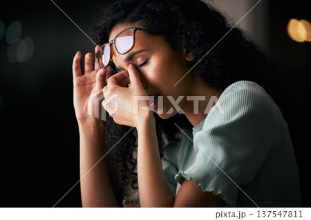Headache, eye strain and business woman with work stress, anxiety and burnout in a office. Employee, tired and female professional at night with deadline with company mistake and error at a job Headache, eye strain and business woman with work stress, anxiety and burnout in a office. Employee, tired and female professional at night with deadline with company mistake and error at a job 137547811