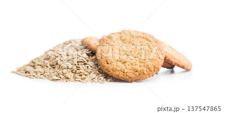 Oatmeal Cookies With Rolled Oats On White Background .Homemade Crunchy Breakfast Snack 137547865