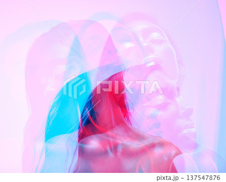 Neon light, double exposure and relax woman with art deco, creative and color lighting for style in studio. Female model, cosmetics and overlay with glow, makeup and freedom with pink background Neon light, double exposure and relax woman with art deco, creative and color lighting for style in studio. Female model, cosmetics and overlay with glow, makeup and freedom with pink background 137547876
