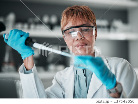 Black woman, scientist and pipette for medical science research, medicine pharmacy or dna blood engineering. Study, dropper or equipment in healthcare analytics test or future vaccine innovation Black woman, scientist and pipette for medical science research, medicine pharmacy or dna blood engineering. Study, dropper or equipment in healthcare analytics test or future vaccine innovation 137548050