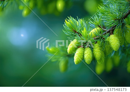 Close up View of Pine Nuts Growing on a Tree Branch in a Forest Environment Close up View of Pine Nuts Growing on a Tree Branch in a Forest Environment 137548173