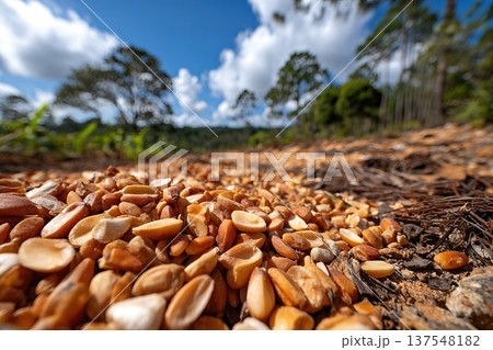 Close up View of Pine Nuts Scattered on Forest Floor With Space for Text Above Close up View of Pine Nuts Scattered on Forest Floor With Space for Text Above 137548182