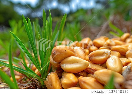 Close up View of Pine Nuts on Forest Floor With Green Grass and Clear Space for Text Close up View of Pine Nuts on Forest Floor With Green Grass and Clear Space for Text 137548183