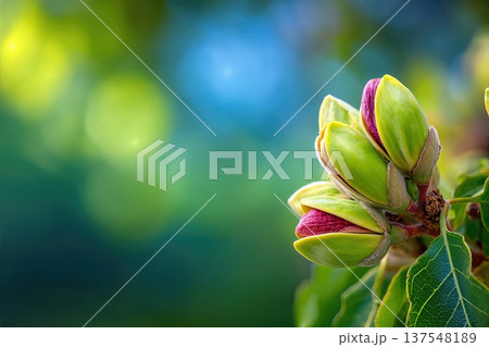 Close up View of Pistachio Nuts Growing on a Tree in a Garden With Space for Text Close up View of Pistachio Nuts Growing on a Tree in a Garden With Space for Text 137548189