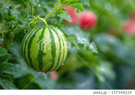 Close up of Watermelon Berries Growing in a Garden With Moisture Droplets 137548220