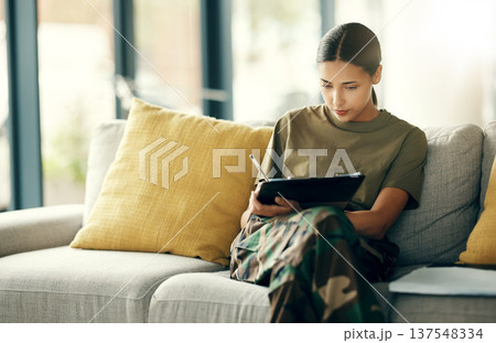 Sign, therapy or woman writing on application or contract, form document for military or war counselling. Checklist, survey or soldier with history on paperwork or notes for legal agreement or note 137548334