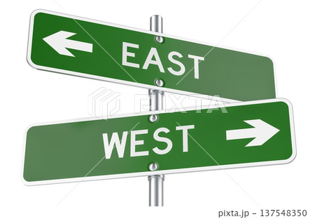 East and West road signs with opposite arrows. 3D rendering 137548350