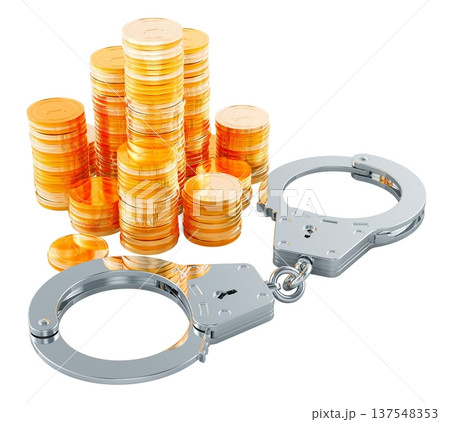 Handcuffs and stacks of gold coins. Corruption, bribery, fraud, and financial crime investigation, concept. 3D rendering 137548353