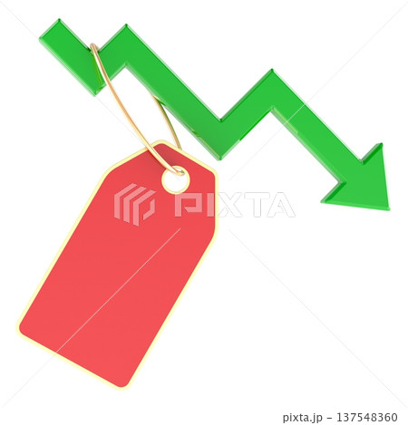 Price drop, discount, markdown, and falling market value. Discount tag hanging from downward price arrow, 3d rendering Price drop, discount, markdown, and falling market value. Discount tag hanging from downward price arrow, 3d rendering 137548360