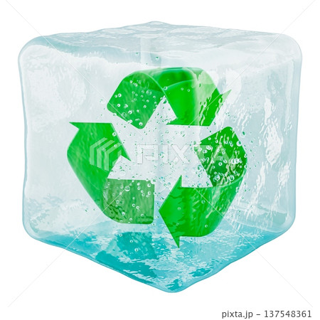 Recycle symbol frozen inside ice cube. 3D rendering Recycle symbol frozen inside ice cube. 3D rendering 137548361