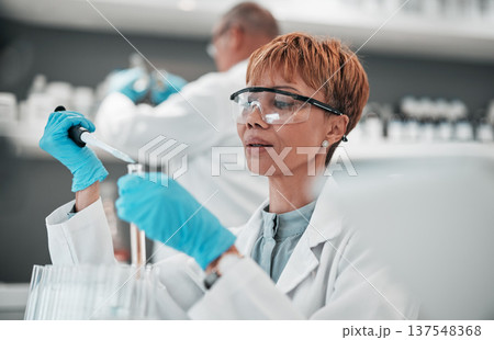 Scientist, woman and dropper for test in laboratory, medical investigation and vaccine research. Expert science worker with tubes for dna analysis, healthcare innovation and development of medicine 137548368