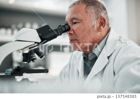 Microscope, senior man and science with research, medical and data analysis with biotechnology. Old person, scientist or researcher with laboratory equipment, check sample and test dna with pathology Microscope, senior man and science with research, medical and data analysis with biotechnology. Old person, scientist or researcher with laboratory equipment, check sample and test dna with pathology 137548383