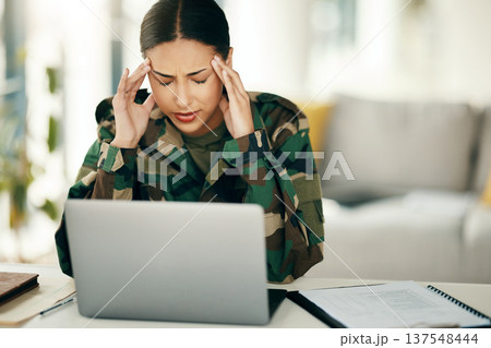 Headache, stress or woman soldier with trauma and depression at desk with anxiety on laptop. Frustrated, psychology or sad person with army memory, military frustration or ptsd crisis typing online 137548444
