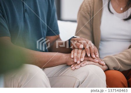 Support, love and couple holding hands closeup with hope, trust and kindness at home. Empathy, zoom and man with woman in a living room with comfort, trust and understanding in infertility crisis Support, love and couple holding hands closeup with hope, trust and kindness at home. Empathy, zoom and man with woman in a living room with comfort, trust and understanding in infertility crisis 137548463