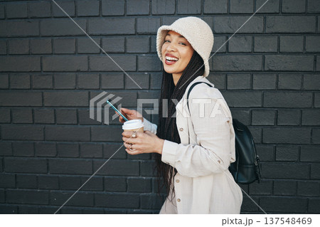 Portrait of happy woman with phone, wall background and urban fashion, social media chat and internet meme. Streetwear, gen z girl or online influencer with smartphone, smile and communication mockup 137548469
