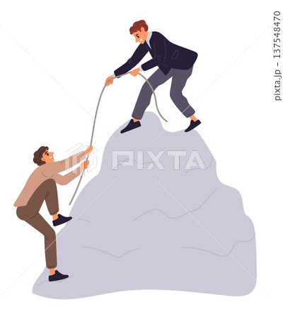 Businessman who has climbed to top of mountain helps his colleague climb too. Overcome obstacle. Man pulling friend by rope onto cliff. Teamwork or mutual assistance. Vector concept 137548470