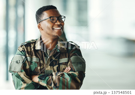 Soldier with smile, confidence and arms crossed at army building, pride and happy professional in sevice. Military career, security and courage, black man in camouflage uniform at government agency. Soldier with smile, confidence and arms crossed at army building, pride and happy professional in sevice. Military career, security and courage, black man in camouflage uniform at government agency. 137548501