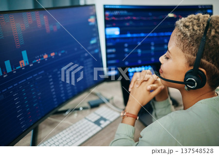 Business, computer screen and woman with investment, headphones and connection with data analysis. Person, programmer and investor with headset, pc and network with website information and internet Business, computer screen and woman with investment, headphones and connection with data analysis. Person, programmer and investor with headset, pc and network with website information and internet 137548528