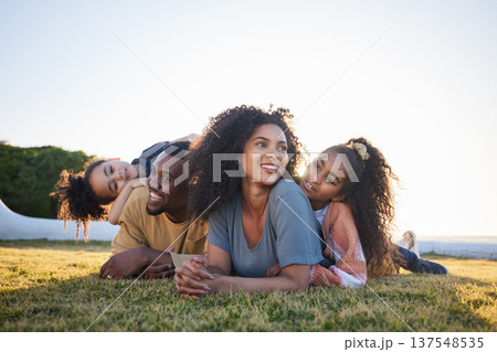 Grass, happy and family relax on vacation, bonding and having fun together on mockup space. Children, smile and interracial parents with kids in nature to travel on holiday, care and love outdoor 137548535