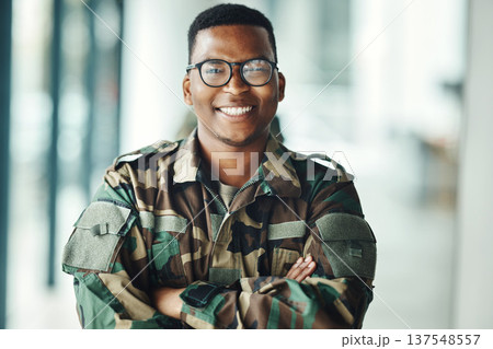 Portrait of soldier with smile, confidence and pride at army building, arms crossed and happy professional. Military career, security and courage, black man in camouflage uniform at government agency 137548557