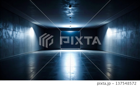 青い光に包まれた近未来の空間と発光する扉 / 神秘や未知を象徴する幻想的な通路 青い光に包まれた近未来の空間と発光する扉 / 神秘や未知を象徴する幻想的な通路 137548572