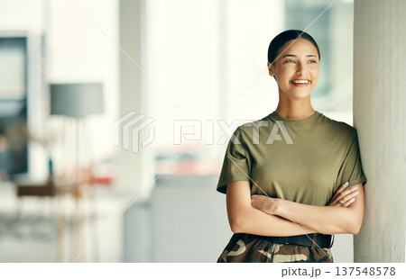 Woman soldier with smile, arms crossed and pride, relax at army building with confidence. Professional military career, security and courage, girl in uniform at government agency in hero service. 137548578