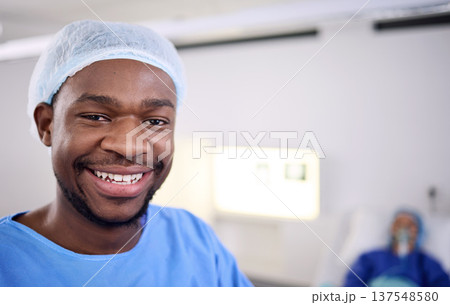 Smile, portrait and black man, surgeon or healthcare expert for patient surgery support, hospital services or medical help. Client, happy and African person, nurse or doctor in operating room theatre Smile, portrait and black man, surgeon or healthcare expert for patient surgery support, hospital services or medical help. Client, happy and African person, nurse or doctor in operating room theatre 137548580