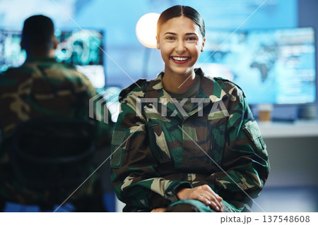 Portrait, smile and a woman in an army control room for strategy as a soldier in uniform during war or battle. Face, happy and young military person in an office for support, surveillance or service 137548608