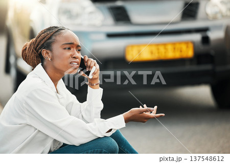 Car insurance, phone call or black woman on road with stress, anxiety or bad engine crisis on street. Listen, fear or worried African driver talking by a stuck motor vehicle in emergency or accident 137548612