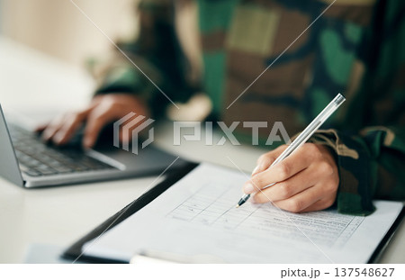 Sign, military or hands writing on application or contract, form document for war counselling. Laptop, survey checklist or soldier with history on paperwork or notes for legal agreement or note 137548627