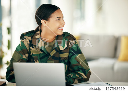 Laptop, smile and thinking with a woman soldier looking at space while reading military information online. Computer, happy and idea with a young army person working at base for strategy or planning 137548669
