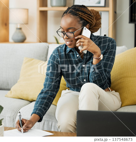 Woman, home and phone call for paper, documents and contract signature, policy advice or insurance. Young african person on sofa writing, talking on mobile and financial services or loan application 137548673