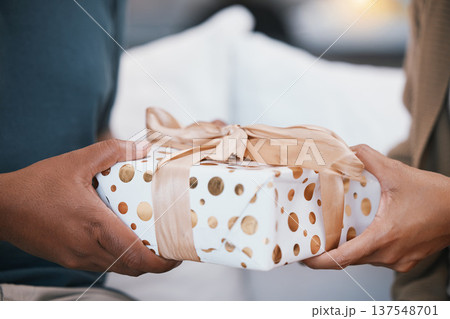 Birthday, ribbon and couple hands with present, Christmas package or giving product for love, congratulations or gratitude. Living room closeup, home or marriage people care, support and holding gift 137548701