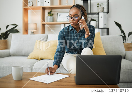 Woman, home and phone call for documents, paper signature or contract advice, policy and insurance. Young african person on sofa writing, talking on mobile and financial review or loan application Woman, home and phone call for documents, paper signature or contract advice, policy and insurance. Young african person on sofa writing, talking on mobile and financial review or loan application 137548710