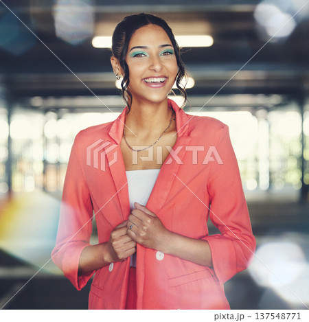 Business woman, corporate fashion and portrait in the city with happy smile and ideas. Female professional, lawyer style and lens flare with confidence and morning commute in urban parking lot Business woman, corporate fashion and portrait in the city with happy smile and ideas. Female professional, lawyer style and lens flare with confidence and morning commute in urban parking lot 137548771