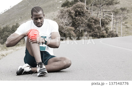 Knee pain, black man with fitness injury, health and wellness with red overlay, medical emergency and inflammation. Mockup space, marathon race outdoor and muscle tension with glow and fibromyalgia Knee pain, black man with fitness injury, health and wellness with red overlay, medical emergency and inflammation. Mockup space, marathon race outdoor and muscle tension with glow and fibromyalgia 137548776
