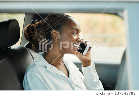 Phone call, happy and black woman in car to travel, conversation and communication. Mobile, taxi and African person smile on trip, journey and commute in transportation, talking and listening to news 137548798