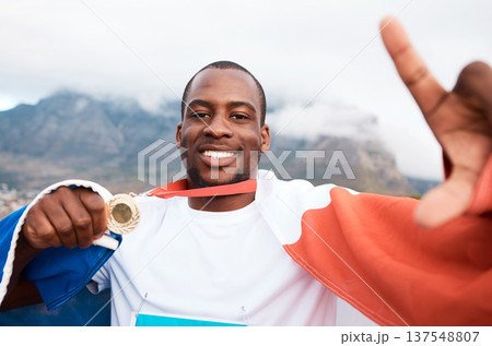 Winner portrait, flag or black man with gold medal, emoji sign and pose for marathon runner, competition or champion picture. Target success photo, achievement or France athlete with race prize award 137548807