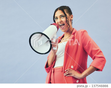 Megaphone, news and woman in studio with fashion announcement, deal or promo on blue background. Microphone, speech and female speaker with bullhorn for attention, information or voice, vote or info Megaphone, news and woman in studio with fashion announcement, deal or promo on blue background. Microphone, speech and female speaker with bullhorn for attention, information or voice, vote or info 137548866