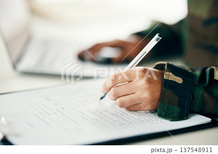 Sign, contract or hands writing on army application, paper or form document for military or war counselling. Deal, survey checklist or soldier with history on paperwork or notes for legal agreement 137548911