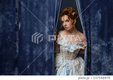 Refined Woman Behind Curtain. Serene Female Figure With Baroque Attire And Soft Glow Refined Woman Behind Curtain. Serene Female Figure With Baroque Attire And Soft Glow 137548970