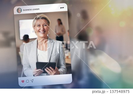Tablet, business and social media with a senior woman on screen for management, leadership or double exposure. Profile picture, status or update and a confident corporate CEO on a display with space 137548975