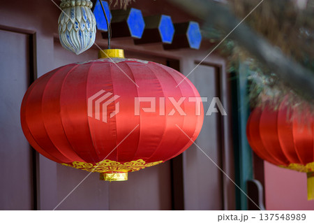 Red Chinese Lantern Hanging Outdoors 137548989