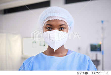 Portrait, black woman and doctor with a mask, safety and protection in a hospital, surgeon and physician. Face cover, medical professional and employee in a clinic, regulations and healthcare policy Portrait, black woman and doctor with a mask, safety and protection in a hospital, surgeon and physician. Face cover, medical professional and employee in a clinic, regulations and healthcare policy 137549008